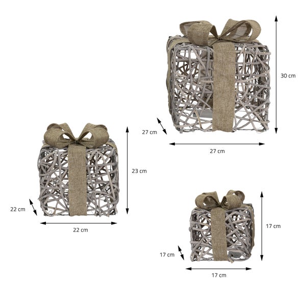 ECD Germany 3er Set LED Geschenkboxen Weihnachten mit Schleifen, Rattan, Braun-Grau, Warmweiß, batteriebetrieben, Timer, Weihnachtsdeko Geschenk Beleuchtet Weihnachtsbaum Dekoration Weihnachtsgeschenk