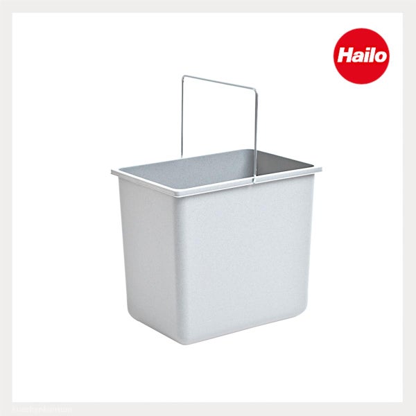Grauer Hailo Mülleimer-Einsatzeimer aus Kunststoff mit Metallbügel. Hailo Logo.