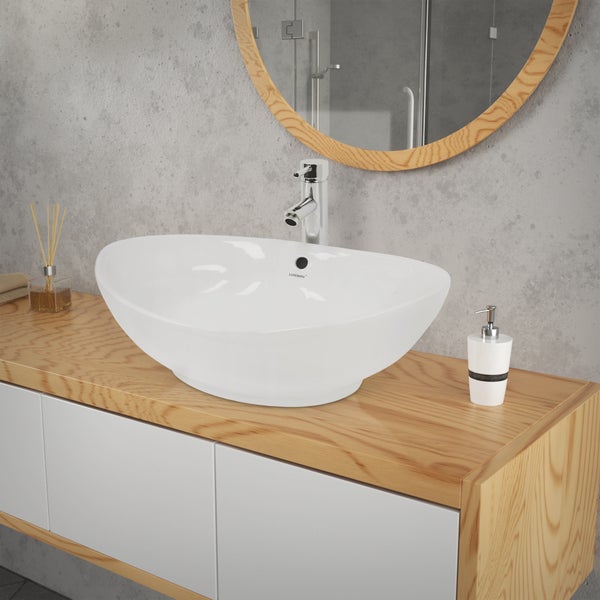 ECD Germany Waschbecken Waschtisch 590x390x200 mm Keramik Oval Weiß inkl. Ablaufgarnitur für Waschbecken mit Überlauf Aufsatzbecken Aufsatzwaschbecken Aufsatzwaschtisch Waschschale Spülbecken Becken