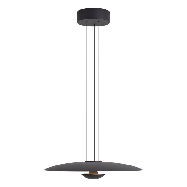 Moderne flache Pendelleuchte aus Metall mit runder Deckenbefestigung und feiner Seilaufhängung
