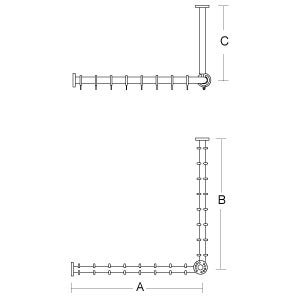 Technische Zeichnung einer L förmigen Duschvorhangstange mit Deckenstütze und Maßangaben A, B und C.