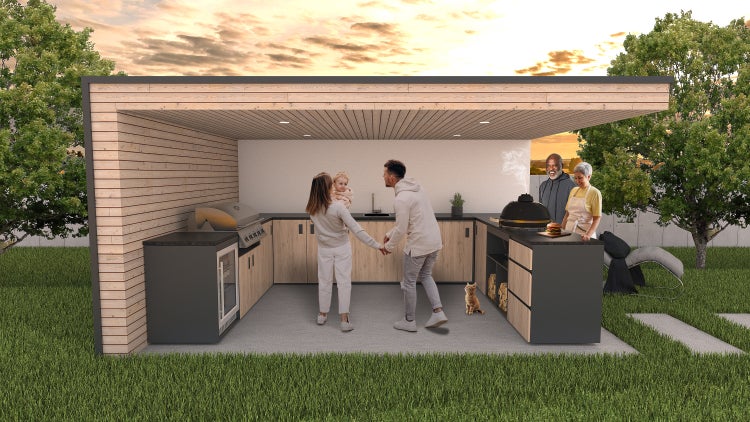 Überdachte Aussenküche mit Grill, Spüle und Arbeitsflächen im Garten.