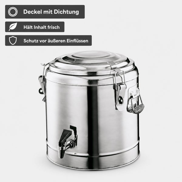 Edelstahl Vorratsbehälter mit Zapfhahn, Verschlussdeckel mit Dichtung und seitlichen Tragegriffen.