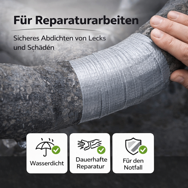 Hand bringt silbernes Reparaturband an einem beschädigten Rohr an. Symbole bestätigen die Eigenschaften wasserdicht, dauerhafte Reparatur und Notfall.