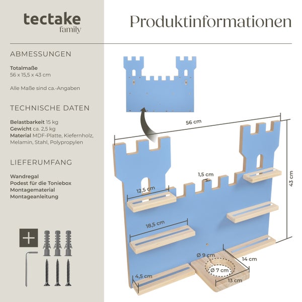 Wandregal tectake MyLittleStory Fortress 56 x 15,5 x 43 cm, unsichtbare Aufhängung  für bis zu 16 Tonies blau