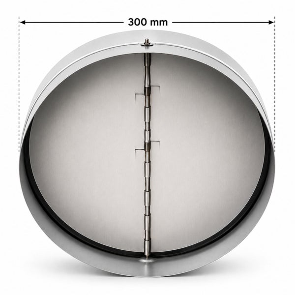 Runde Rückschlagklappe aus Metall für Lüftungsrohre mit einem Durchmesser von 300 Millimeter.