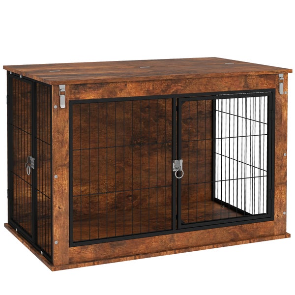 PawHut Hundekäfig Möbel, Hundebox für Zuhause, Beistelltisch für große Hunde unter 30 kg, Hundehaus mit 2 verschließbaren Türen, Stahl, 98 x 60 x 65,5 cm, Rustikales Braun