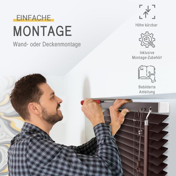 Ein Mann montiert eine Jalousie an die Wand, inklusive Symbolen für höhenverstellbar, inklusive Montagezubehör und bebilderte Anleitung.