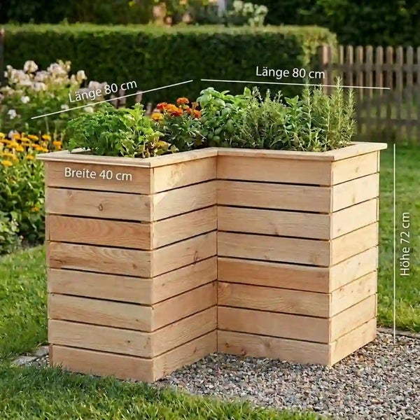 Winkel Hochbeet aus Holz für den Garten mit einer Höhe von 72 Zentimetern und einer Schenkellänge von 80 Zentimetern.