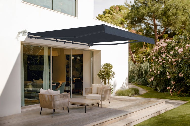 FAZZIO 4x3m Graue motorisierte Halbkassettenmarkise - Premium-Canvas 320 g/m²