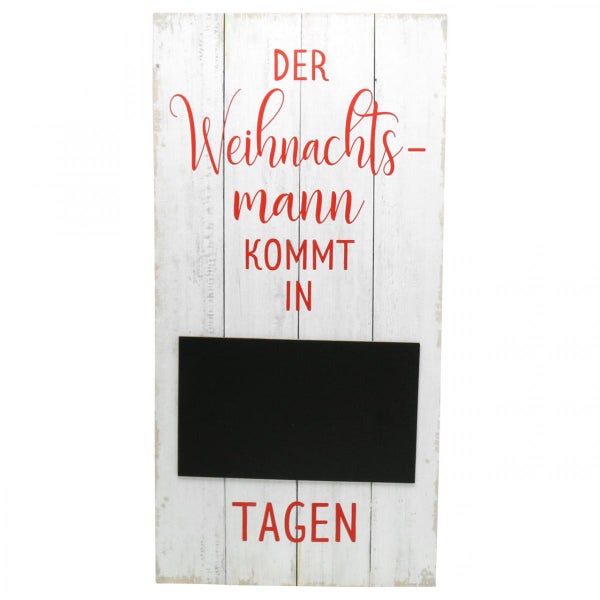 Dekoratives Holzschild mit der Aufschrift 'Der Weihnachtsmann kommt in Tagen' und einer Tafel zum Beschriften