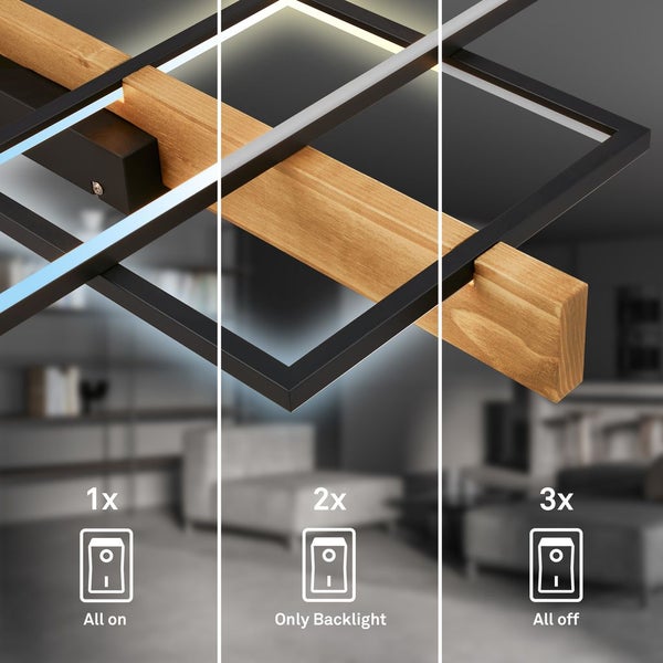 Briloner Cadre LED Deckenlampe, Indirektes Licht, Dimmbar, Speicherfunktion, Fernbedienung, Schwarz-Holz, 75 x 40 x 8 cm