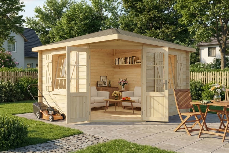 Eckiges Gartenhaus aus Holz mit Glastüren und Fenstern in einem gepflegten Garten mit Rasenmäher und Gartenmöbeln.