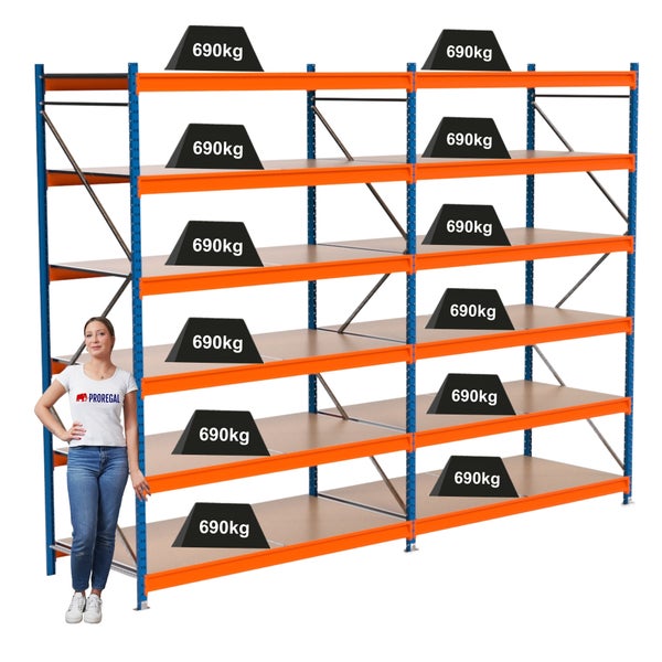 Abbildung eines Lagerregals mit einer Traglast von 690 kg pro Ebene.