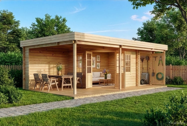 Modernes Gartenhaus aus Holz mit überdachter Terrasse, Sitzbereich und integriertem Abstellraum im grünen Garten.