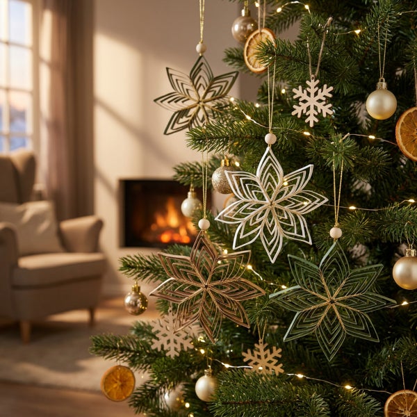 Weihnachtsbaum mit Anhängern in Form von Schneeflocken und Sternen sowie getrockneten Orangenscheiben und Lichtern vor einem gemütlichen Kamin.