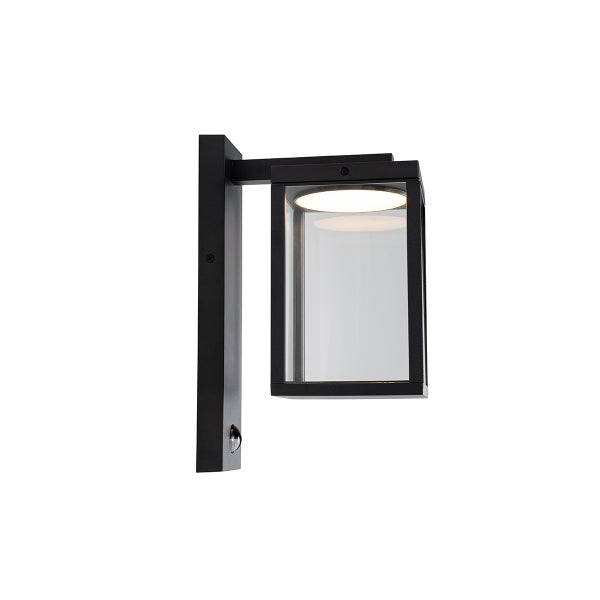 LED-Außenwandleuchte in Schwarz mit Bewegungsmelder, rechteckiges Design mit klarem Glas.