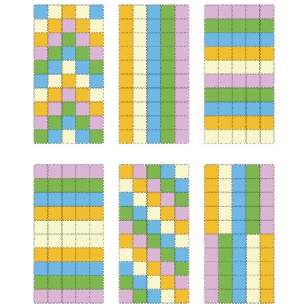 Set aus bunten Schaumstoff Puzzlematten in verschiedenen Anordnungsmustern für Kinderspielbereiche
