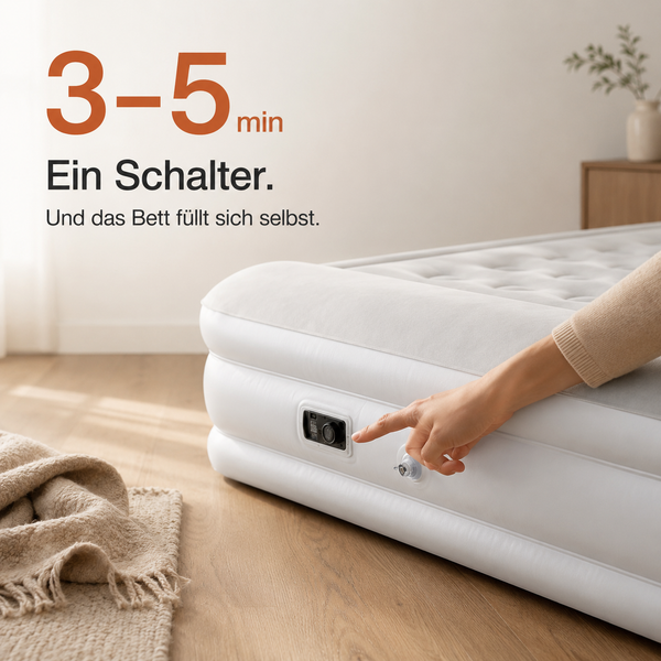 Selbstaufblasendes Luftbett mit integrierter elektrischer Pumpe, Bedienung per Schalter, Aufblaszeit drei bis fünf Minuten.