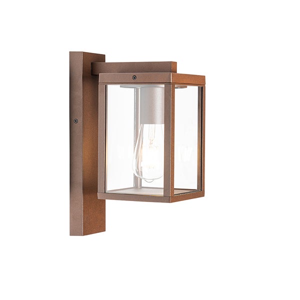Moderne braune Außenwandleuchte mit rechteckigem Metallrahmen und klaren Glasscheiben, inklusive sichtbarem Leuchtmittel.