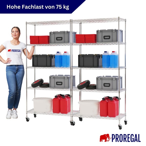 Proregal Metall-Gitterregal auf Rollen mit fünf Ebenen und einer Fachlast von 75 Kilogramm, bestückt mit Lagerbehältern.