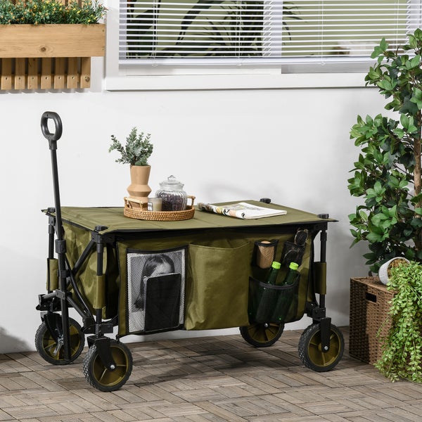 Outsunny Bollerwagen Faltbar, Handwagen mit Räder, Bremsen, Tragetasche, 125L Transportwagen bis 120kg belastbar, XXL Gerätewagen, Gartenwagen Gartenkarre für Strand Camping Einkaufen, Grün