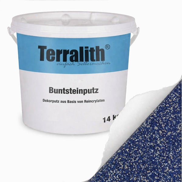 Terralith Buntsteinputz, Dekorputz auf Basis von Reincrylaten, 14 Kilogramm, mit blauen und weißen Steinchen.