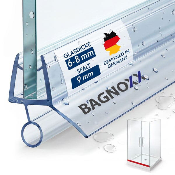 Bagnoxx Duschdichtung für 6 bis 8 Millimeter Glasdicke, 9 Millimeter Spaltmaß, transparent, Bagnoxx Logo, Designed in Germany.