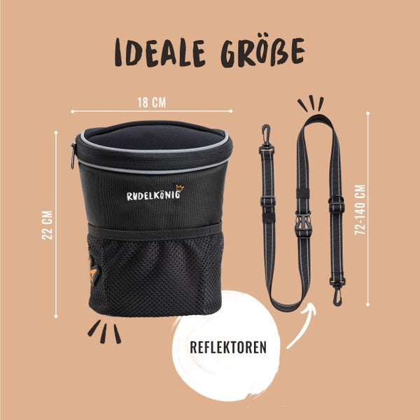 Abbildung einer schwarzen Leckerlitasche mit den Maßen 22 x 18 cm und einem verstellbaren Gurt von 72 bis 140 cm