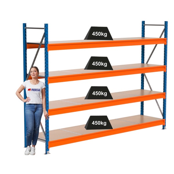 Lagerregal mit vier Ebenen und einer Traglast von 450 Kilogramm pro Ebene