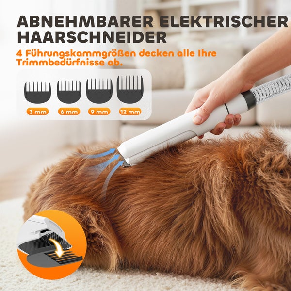Abnehmbarer elektrischer Tierhaarschneider mit Saugfunktion und vier Führungskämmen von 3 bis 12 Millimeter bei der Anwendung am Hundefell.