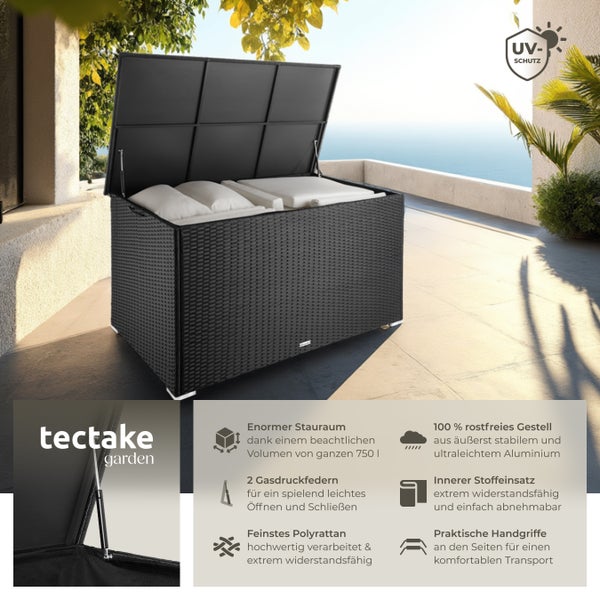 Auflagenbox tectake Oslo 145 x 82,5 x 79,5 cm mit Aluminiumgestell und Rattangeflecht schwarz