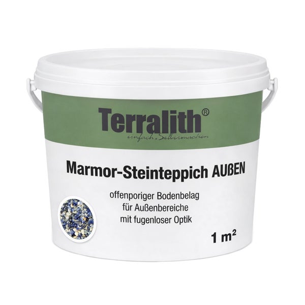Terralith Marmor-Steinteppich für den Außenbereich in Blau-Weiß, offenporig und fugenlos, für 1 Quadratmeter, Terralith Logo.