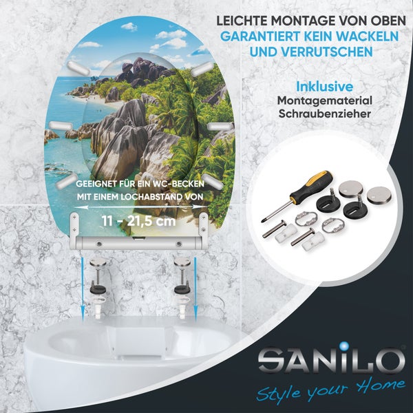 Sanilo WC Sitz mit Strandmotiv und Montageset für einfache Befestigung von oben, geeignet für Lochabstand 11 bis 21,5 Zentimeter.