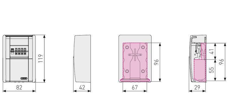 Technische Zeichnung eines Schlüsseltresors mit Maßen in Millimeter. Außen: 119 mal 82 mal 42. Innen: 96 mal 67 mal 29 Millimeter.