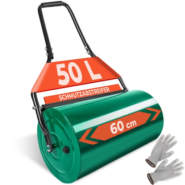 Gartenwalze mit 60 Zentimeter Arbeitsbreite und 50 Liter Fassungsvermögen inklusive Schmutzabstreifer und Arbeitshandschuhe.