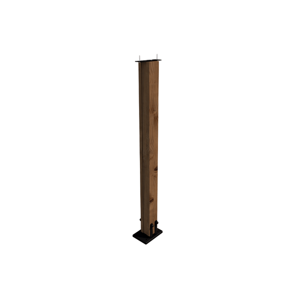 Holzpfosten mit schwarzem Pfostenanker und oberer Montageplatte für Holzkonstruktionen.