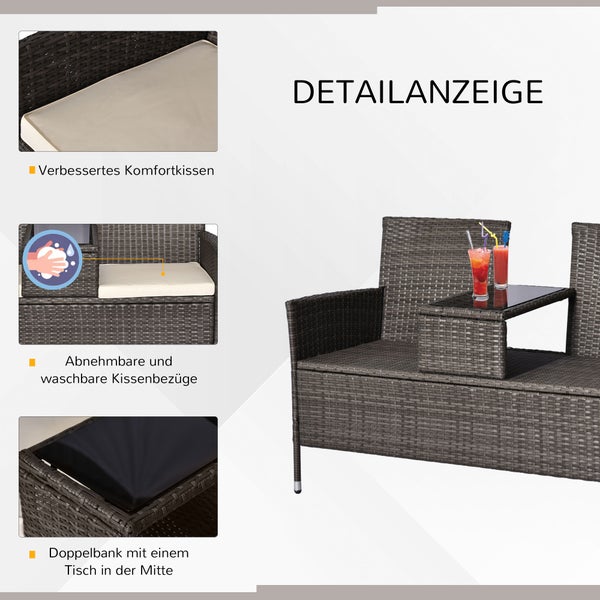 Outsunny Polyrattan Gartenbank, Sitzbank, mit Tisch, 2-Sitzer, B133 x T63 x H84cm, Stahl, Grau