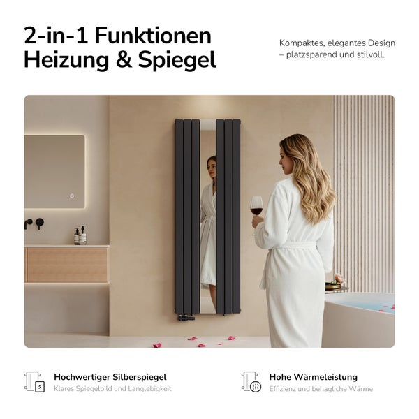 Moderner vertikaler Badheizkörper mit integriertem Ganzkörperspiegel in einem hellen Badezimmer mit einer Frau im weißen Bademantel.