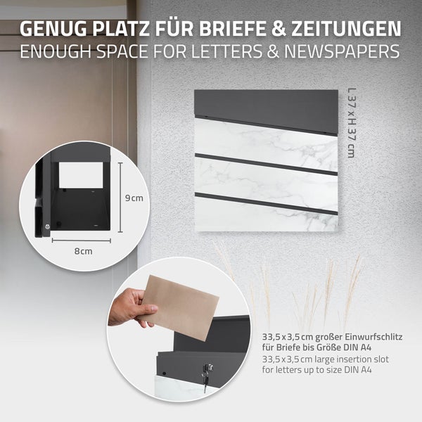 ECD Germany Standbriefkasten mit Zeitungsfach, Design Briefkasten mit Pfosten, Briefkastenanlage, Briefkastenständer Anthrazit Edelstahl, Postkasten Anthrazit Weiß-Marmoroptik Stahl pulverbechichtet