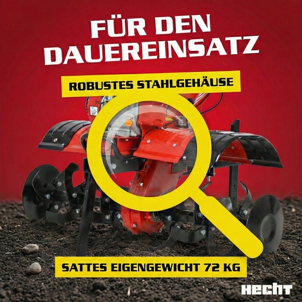 Gartenfräse mit robustem Stahlgehäuse und einem Eigengewicht von 72 Kilogramm für den Dauereinsatz