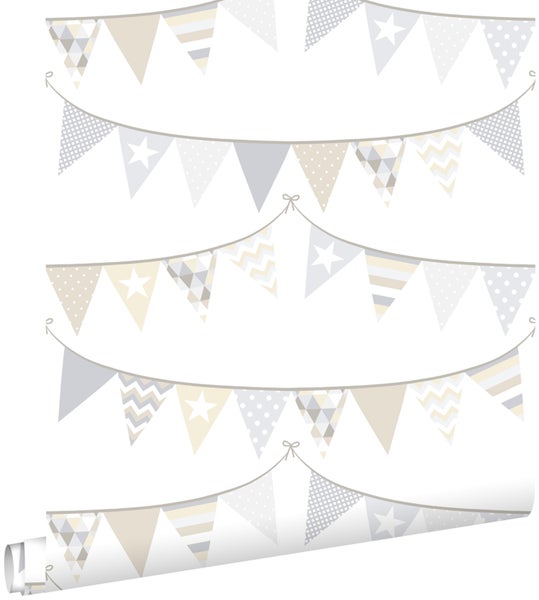 ESTAhome Tapete Girlande Hellgrau, Beige und Weiß - 53 cm x 10.05 m - 128709