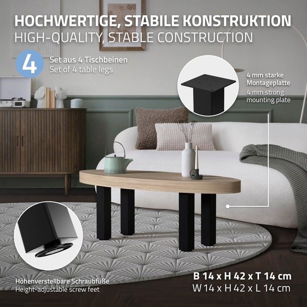 ML-Design 4er Set Tischbeine I-Design 42 cm, Schwarz glänzend, aus pulverbeschichtetem Stahl, eckig, Profil 8x8 cm, Höhenverstellbare Möbelfüße 1-4 cm, Möbelbeine für Couchtische, Bänke, TV-Möbel