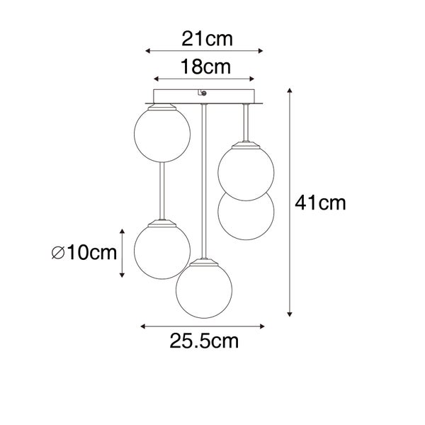 Technische Zeichnung einer Hängeleuchte mit drei Kugeln und Maßangaben