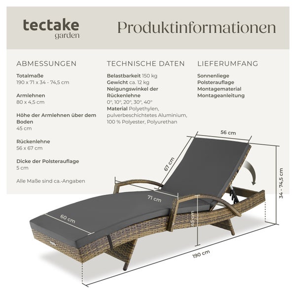 Rattan Sonnenliege tectake Océane 190 x 71 x 34 – 74,5 cm mit Aluminiumgestell natur