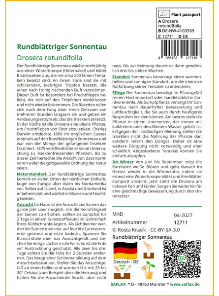 SAFLAX  - Rundblättriger Sonnentau - Drosera rotundifolia - 50 Samen - Mit keimfreiem Anzuchtsubstrat