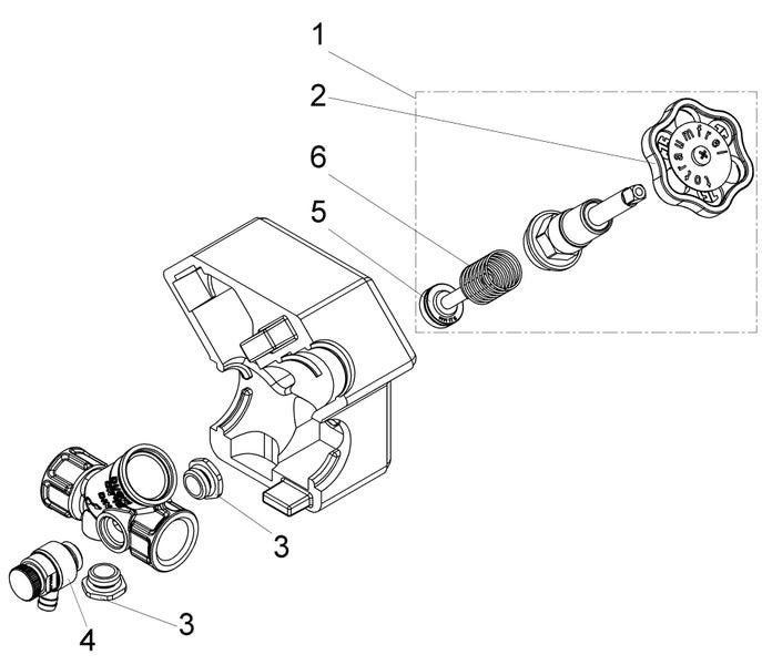 Explosionszeichnung einer Kemper Frostfrei-Außenarmatur mit nummerierten Ersatzteilen wie Handgriff, Feder und Ventileinsatz.