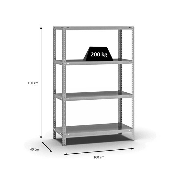 PROREGAL Fachbodenregal Schraubsystem Medium-Duty Grundregal HxBxT 150 x 100 x 40 cm 4 Ebenen Fachlast 200 kg Beidseitig Nutzbar Verzinkt