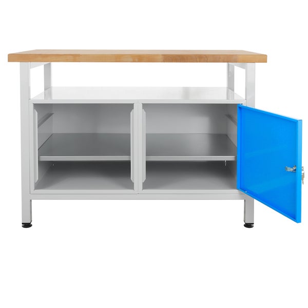 PROREGAL Werkbank Rhino mit Ablagefläche 1 Tür Regalteil HxBxT 84 x 120 x 60 cm Traglast 300 kg Lichtgrau Blau