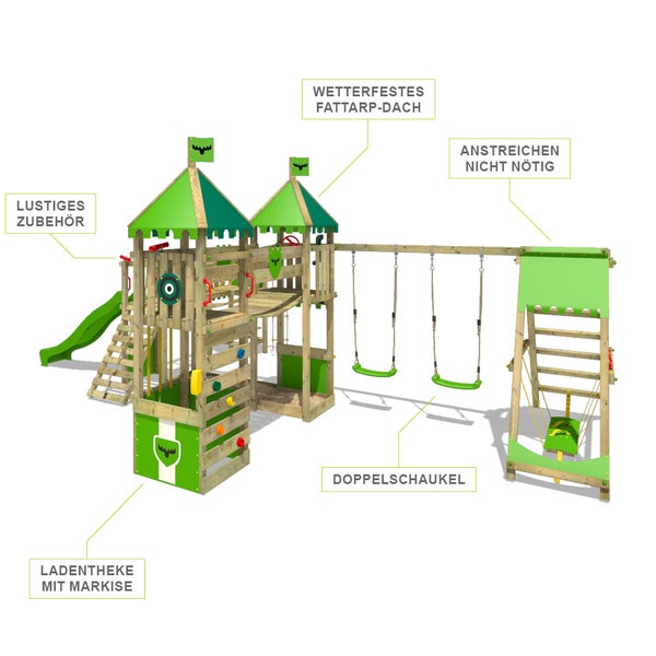 Fatmoose Spielturm Klettergerüst FunnyFortress mit Doppelschaukel, Brücke, Surfanbau und Rutsche – apfelgrün